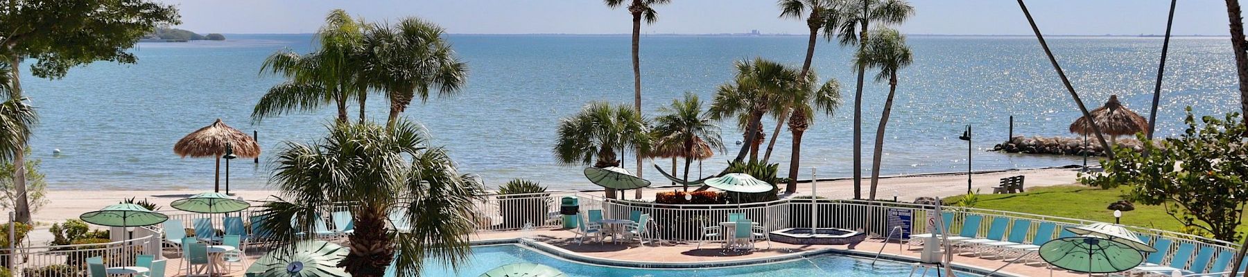 A tropical poolside setting by the ocean with palm trees, lounge chairs, and sun umbrellas under a clear blue sky.